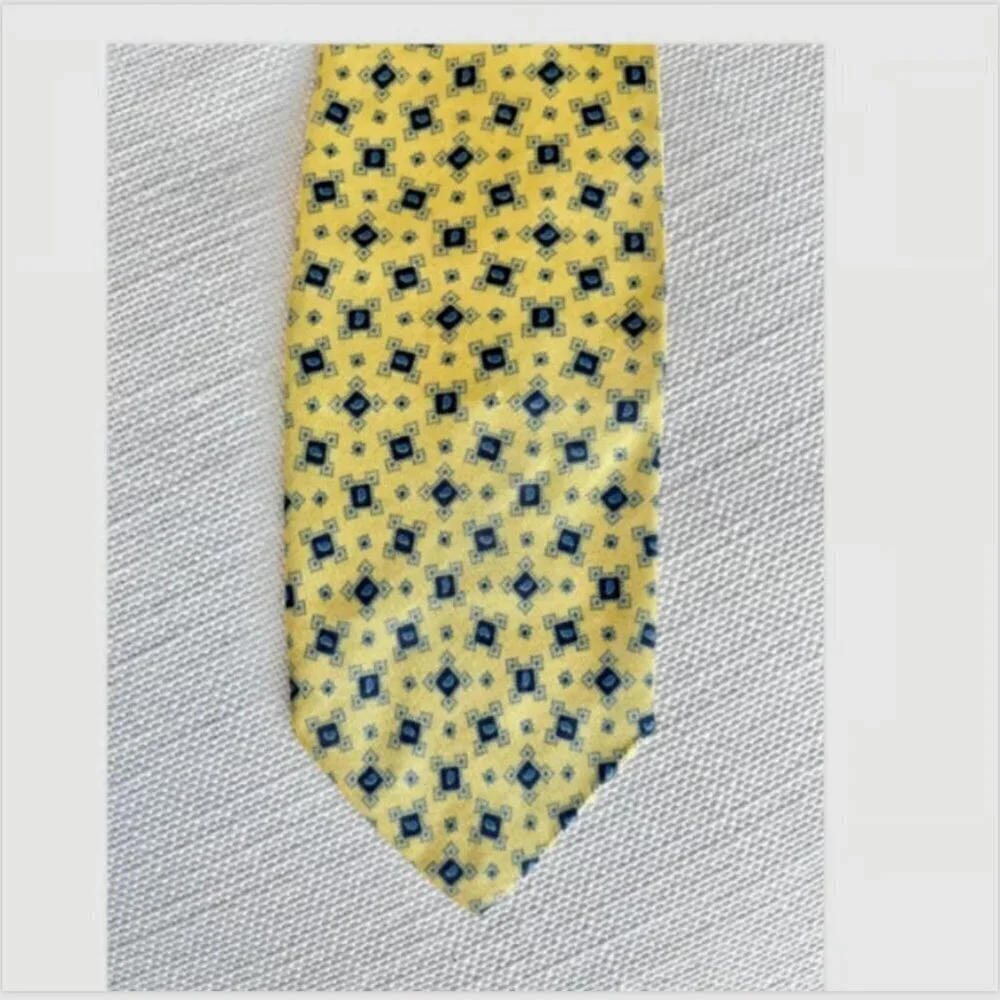 J. Crew 100% Silk Handmade Necktie Yellow Blue Geometric USA Formal Business